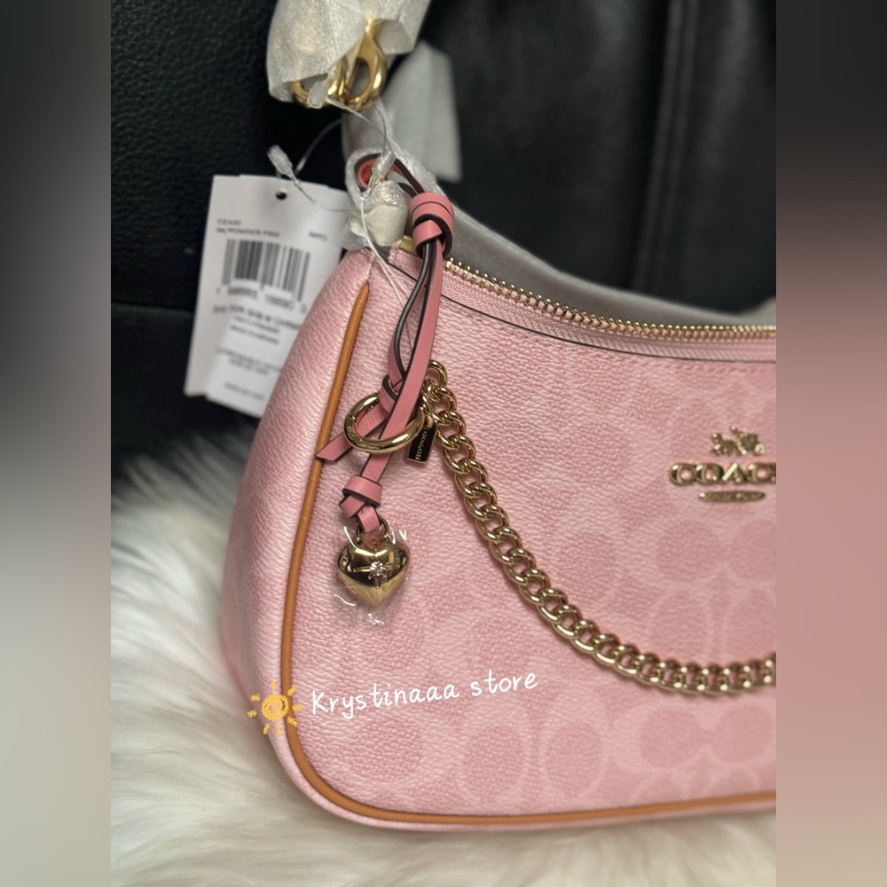 NWT Coach Gold Powder Pink Teri Shoulder Bag Signature with Charms CEA20 - Picture 3 of 11